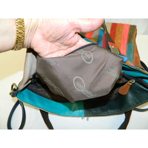 Amerileather Multicolor Lg Leather Tote Bag Colorful Patchwork Tassels Adj Strap - Picture 14 of 16